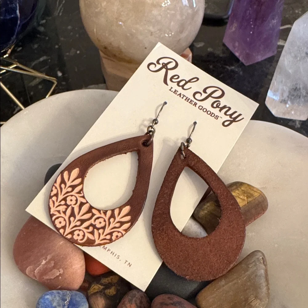 Red Pony Brown Leather Handmade Teardrop Earrings